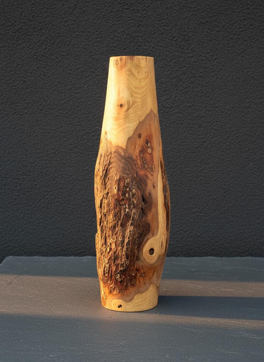 Tall Hand-Turned Burr Elm Wooden Vase – 5th Anniversary (Wood) Gift, Scandinavian Minimalist Decor.
