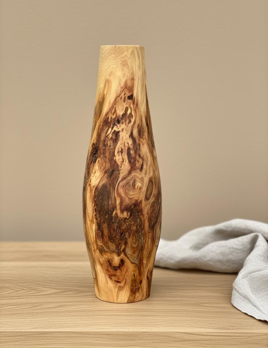 Tall Hand-Turned Burr Elm Wooden Vase – 5th Anniversary (Wood) Gift, Scandinavian Minimalist Decor.