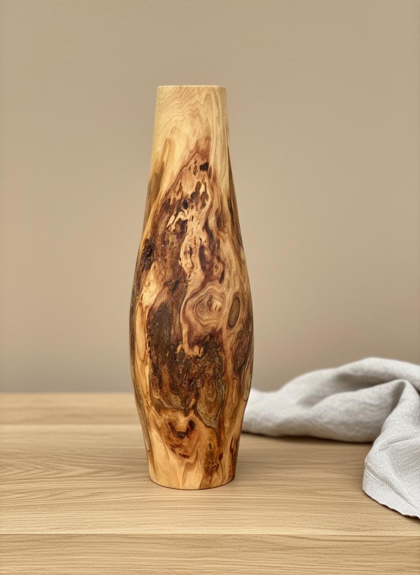 Tall Hand-Turned Burr Elm Wooden Vase – 5th Anniversary (Wood) Gift, Scandinavian Minimalist Decor.