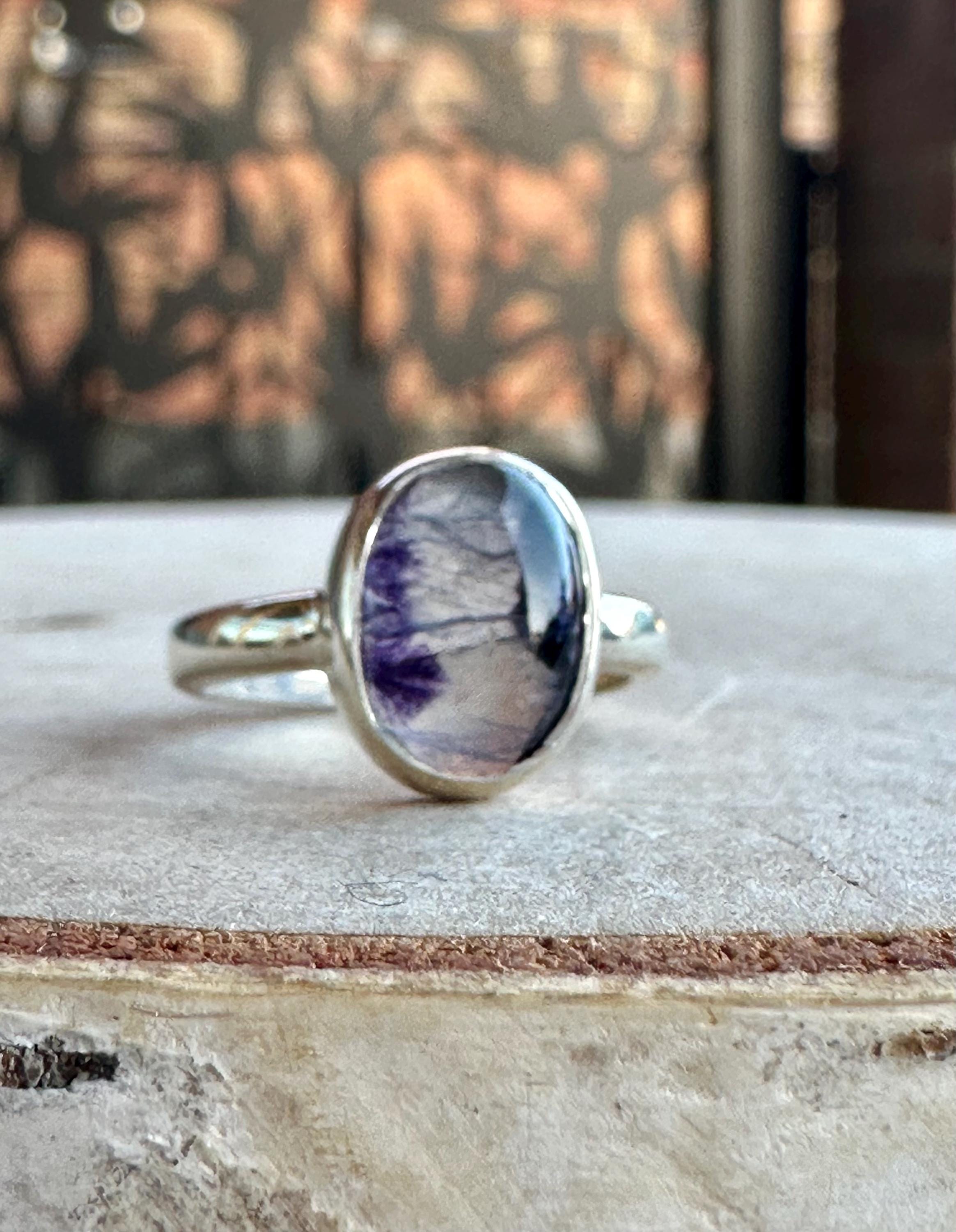 Rare Blue John Ring in Sterling Silver, Oval Derbyshire Spar Statement Gemstone Ring