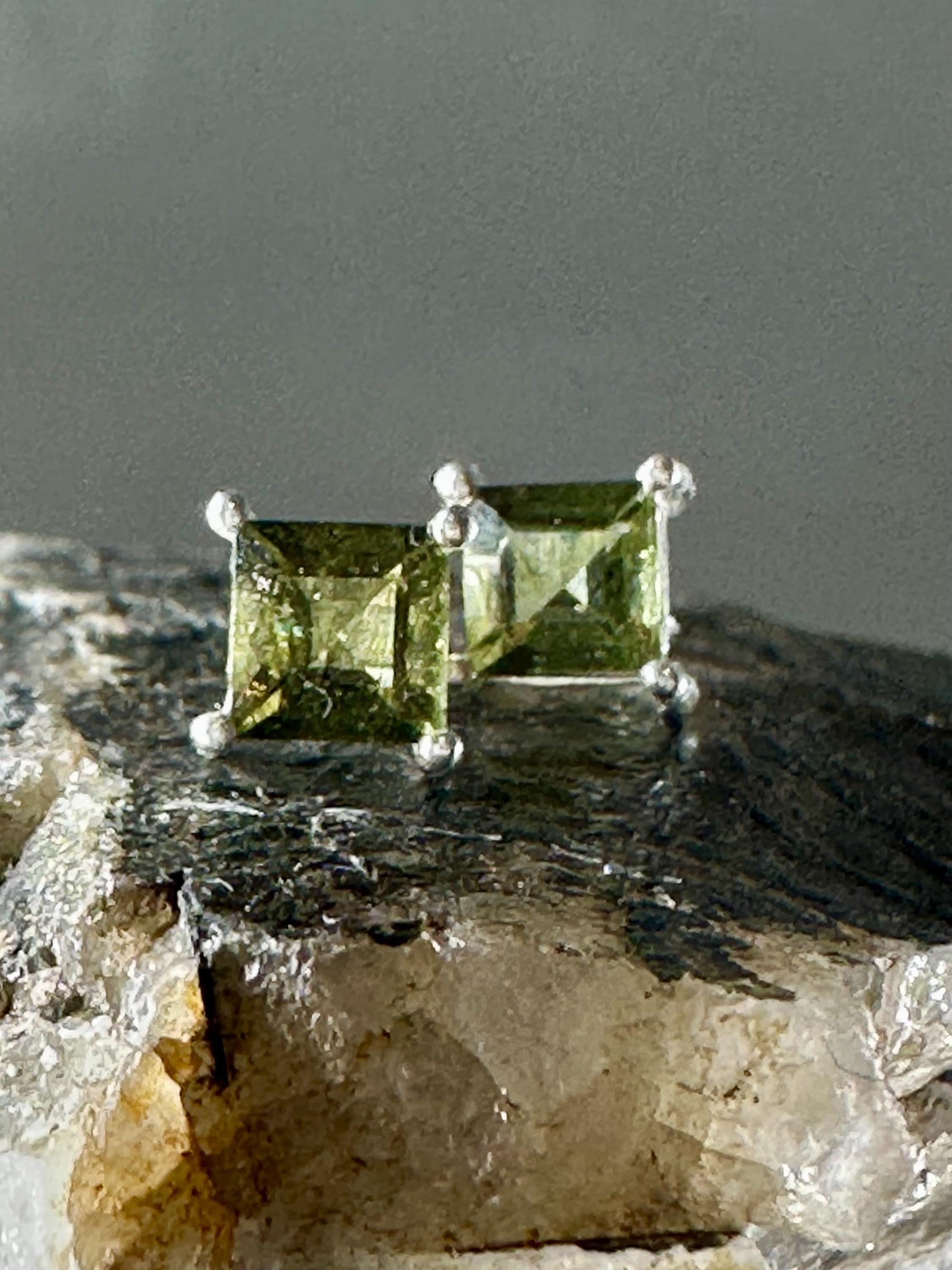Faceted Moldavite Stud Earrings, Sterling Silver, Czech Gemstone, Minimalist Studs