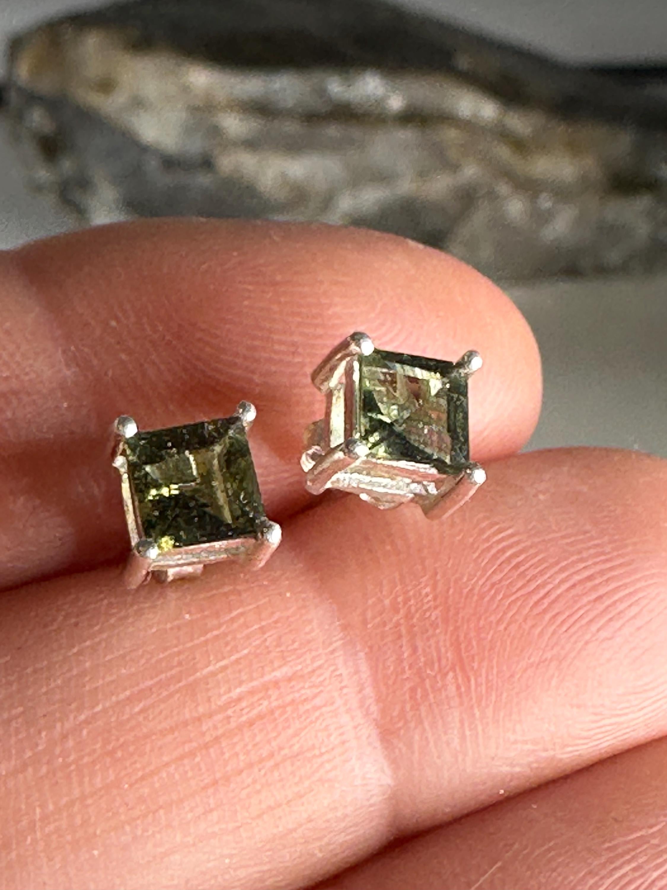 Faceted Moldavite Stud Earrings, Sterling Silver, Czech Gemstone, Minimalist Studs