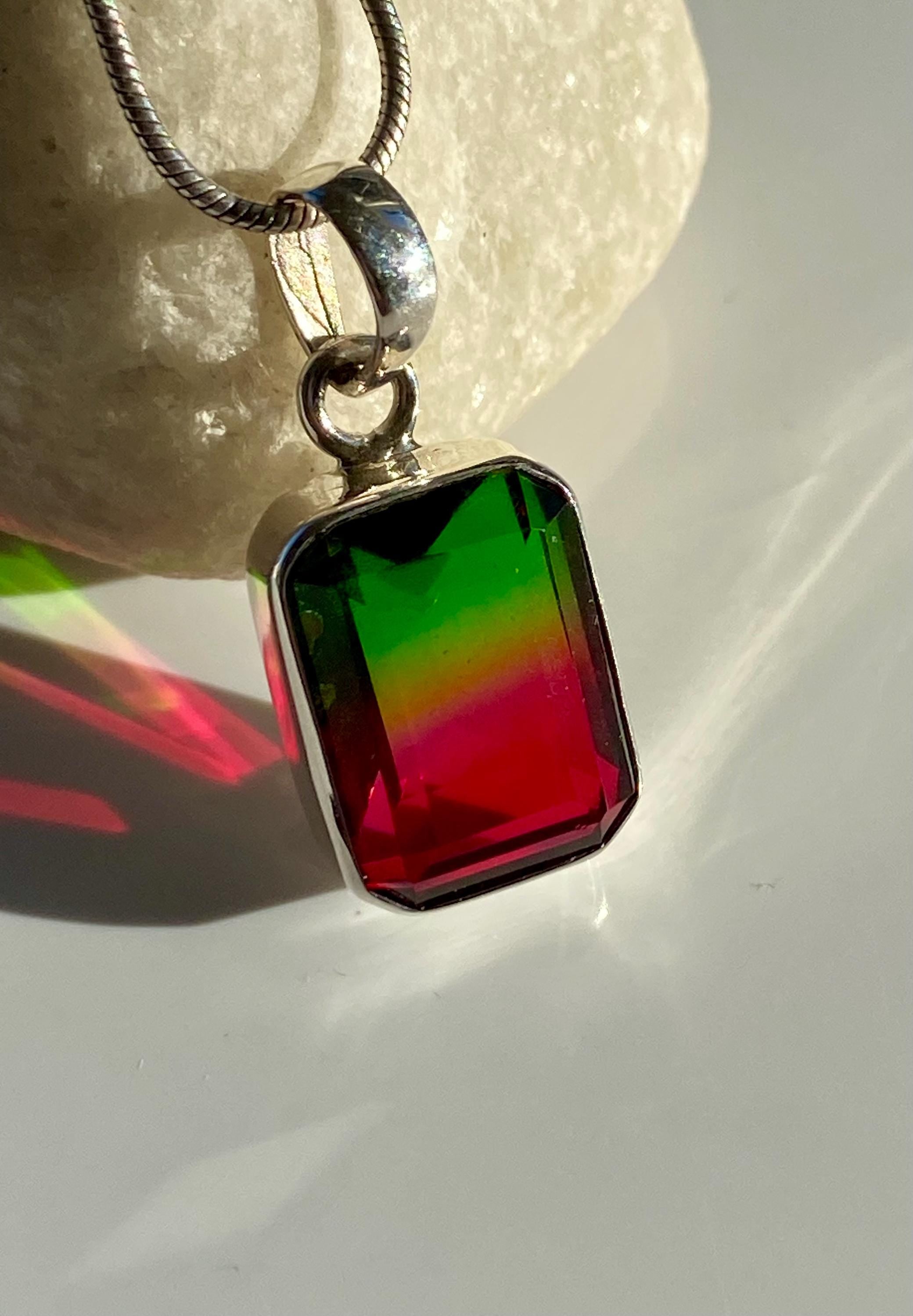 Watermelon Tourmaline Sterling Silver Baguette Pendant