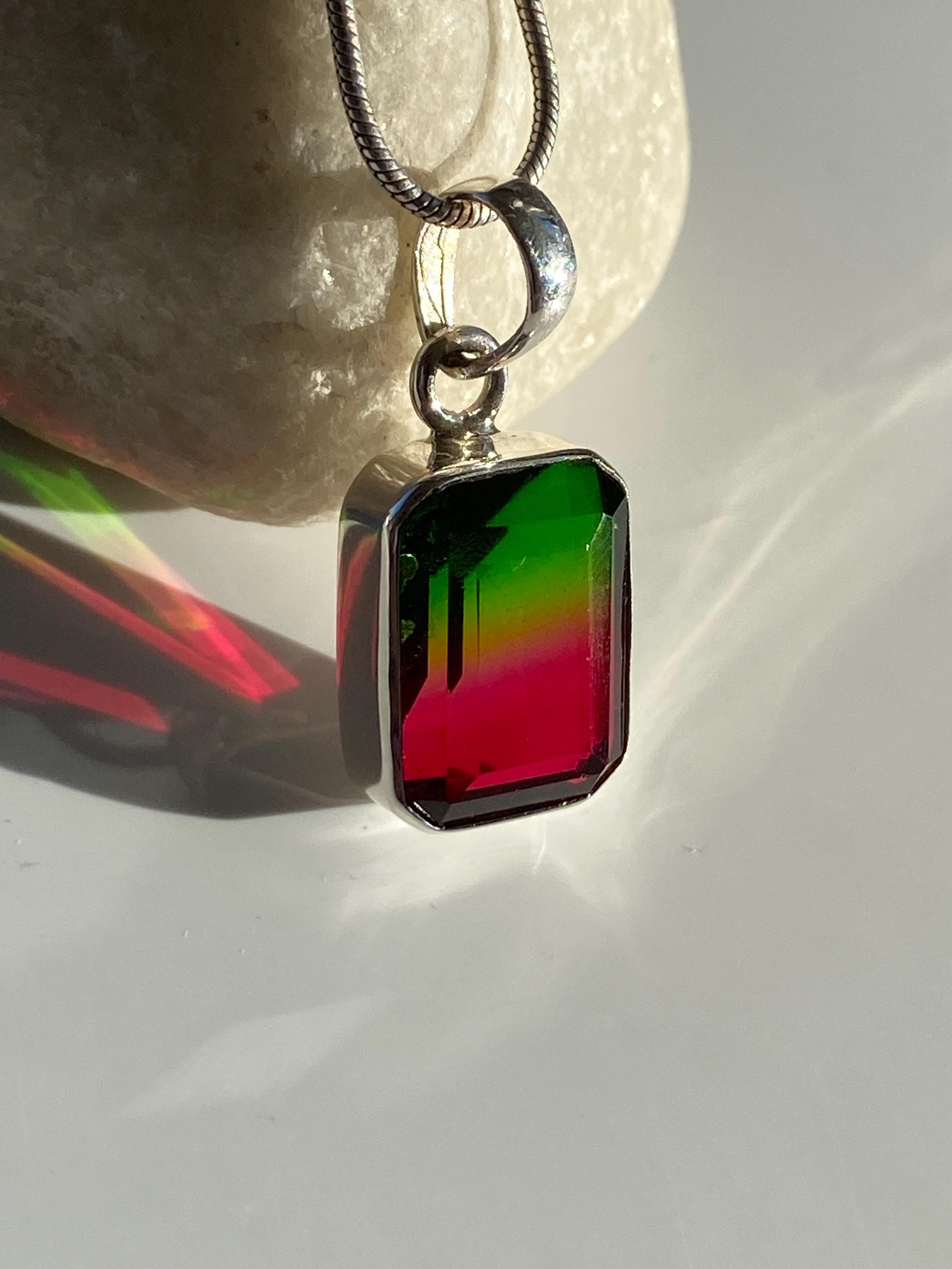 Watermelon Tourmaline Sterling Silver Baguette Pendant