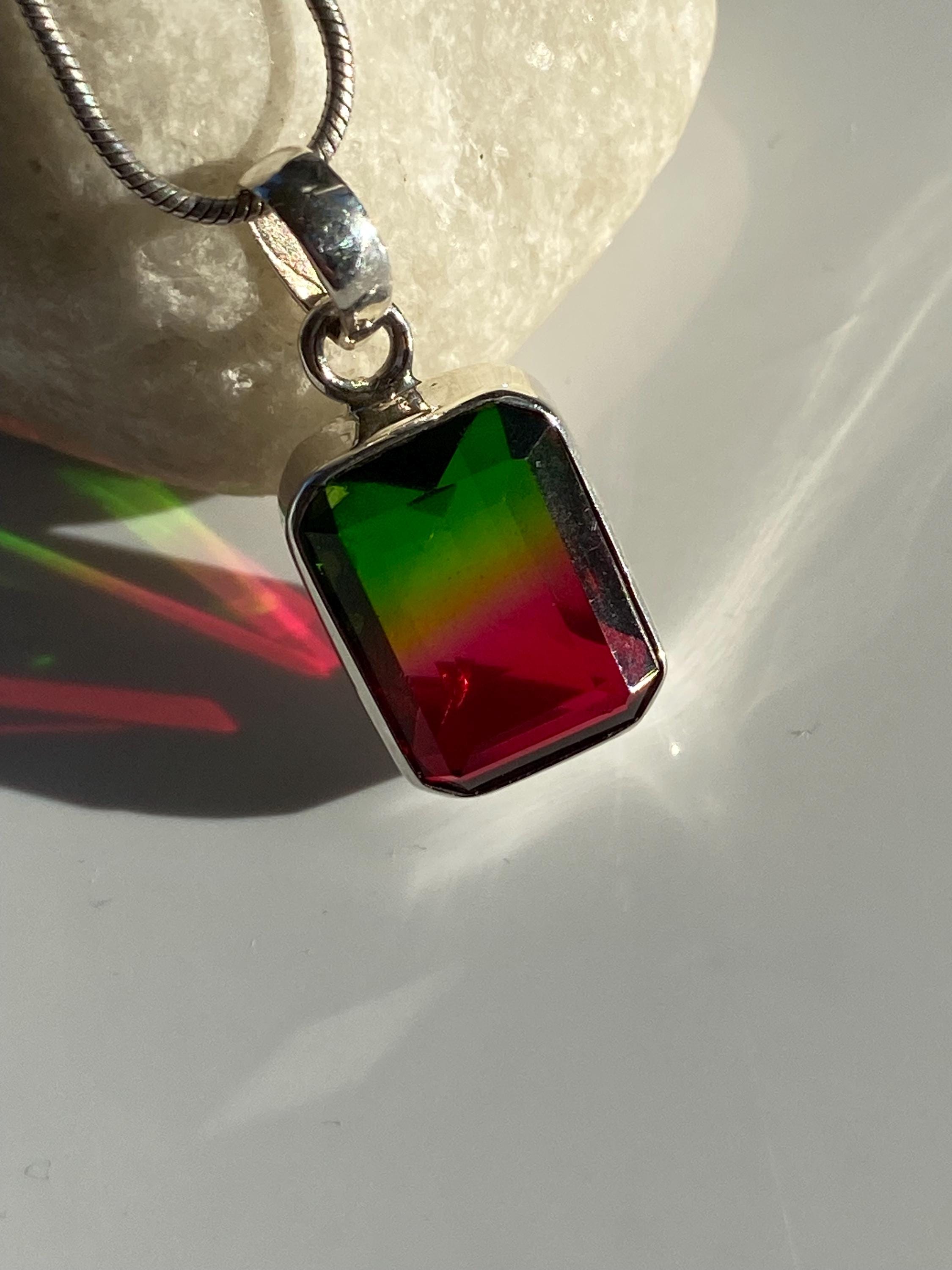 Watermelon Tourmaline Sterling Silver Baguette Pendant