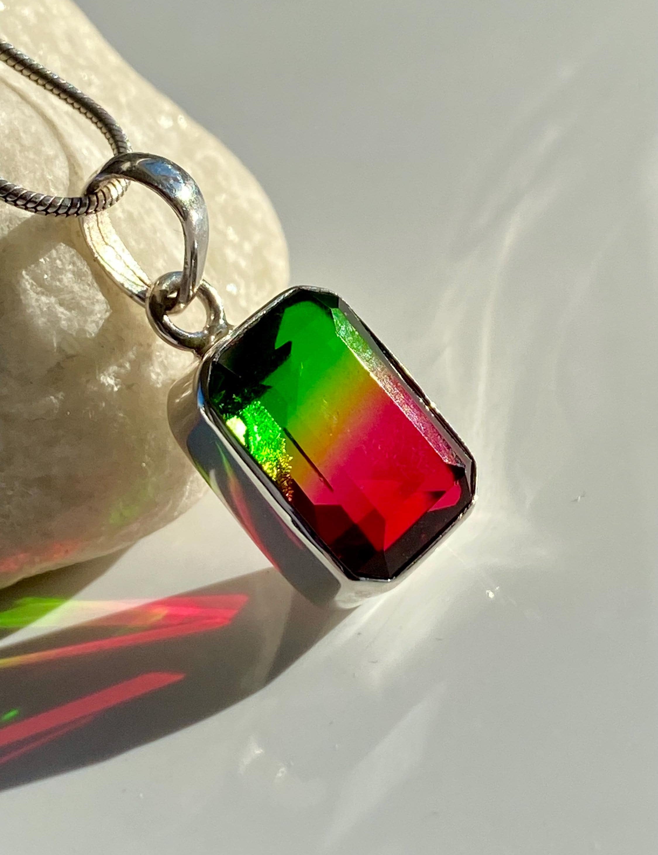 Watermelon Tourmaline Sterling Silver Baguette Pendant