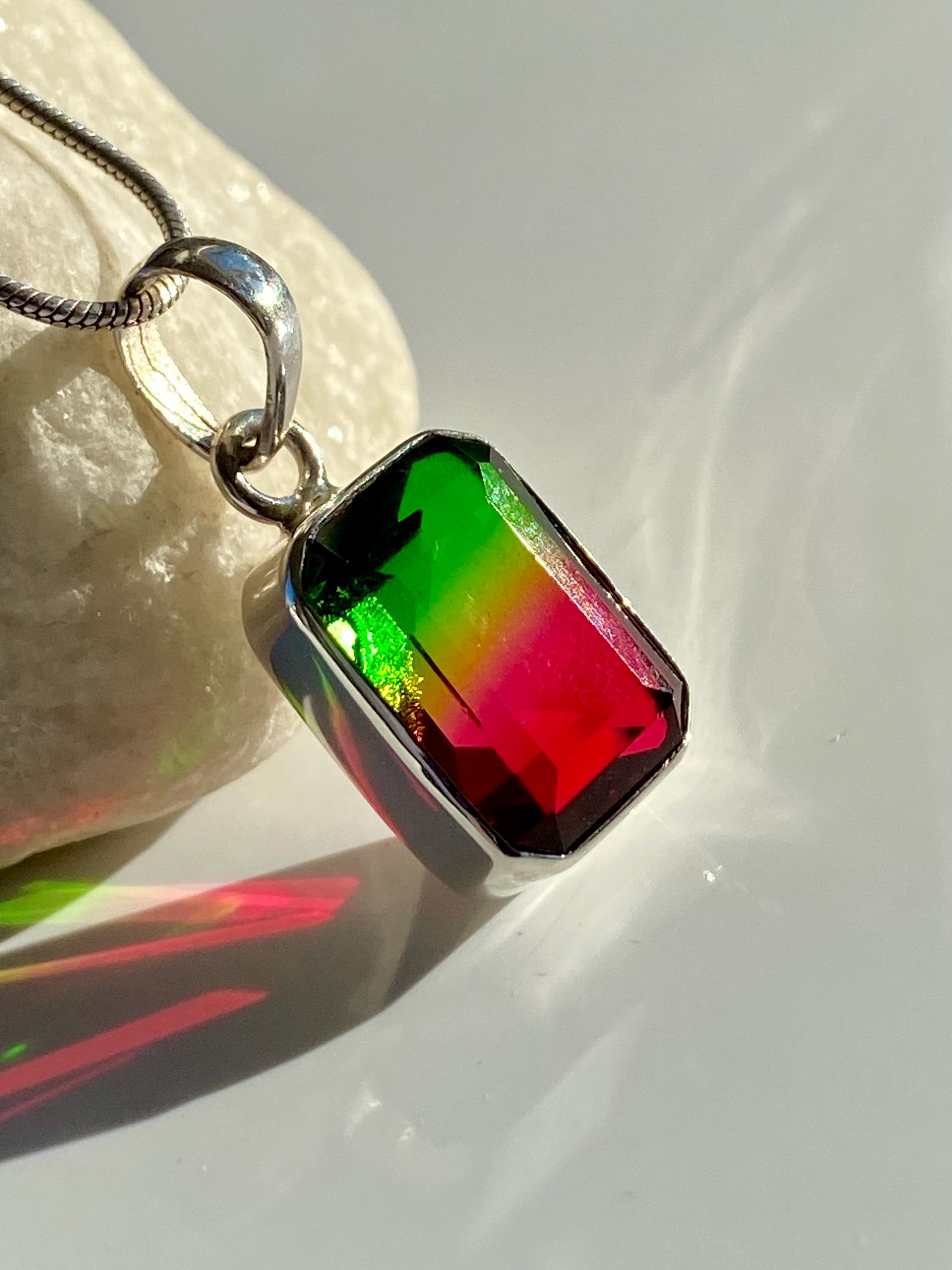 Watermelon Tourmaline Sterling Silver Baguette Pendant