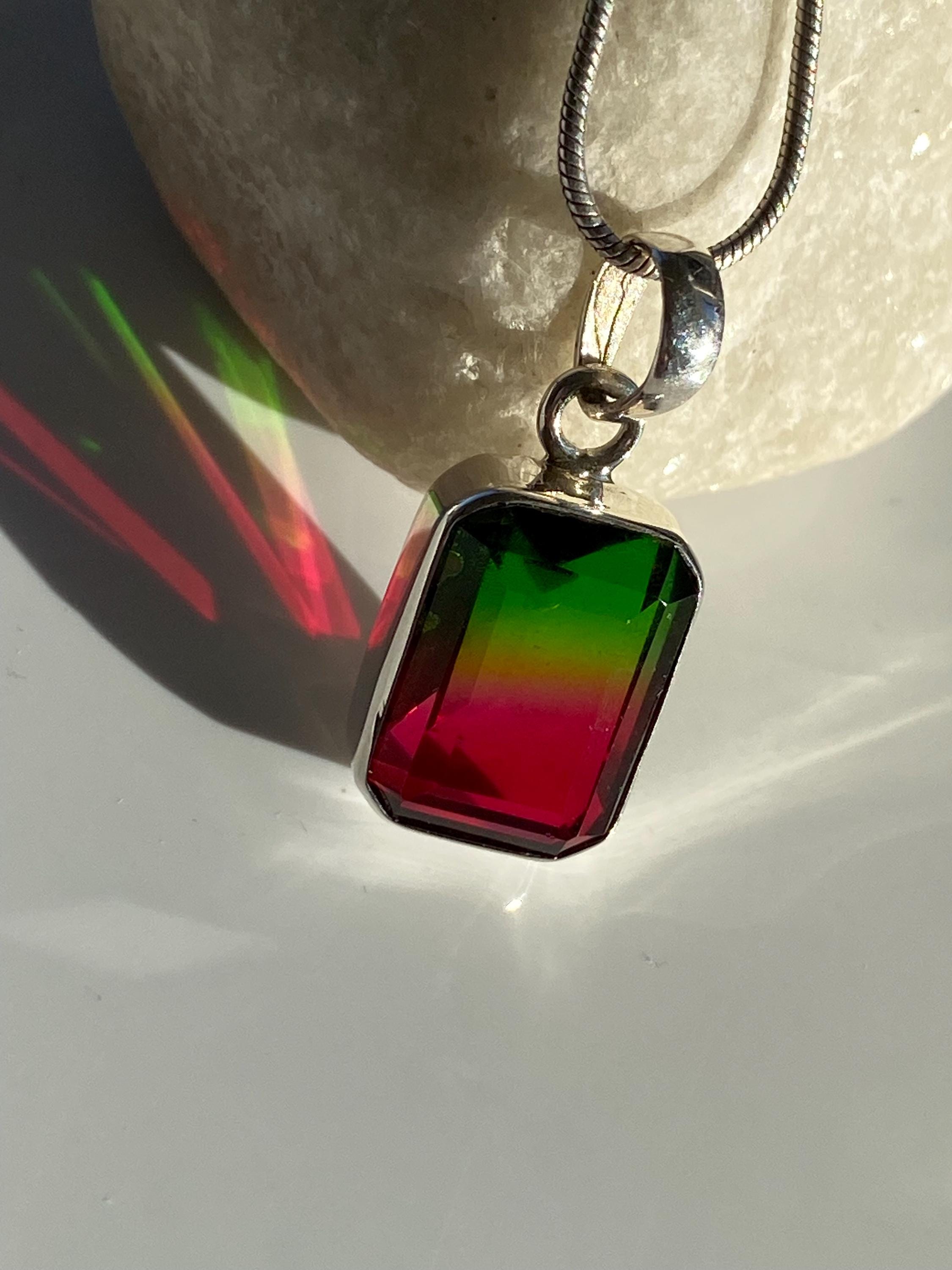 Watermelon Tourmaline Sterling Silver Baguette Pendant