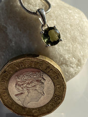 Certified Natural Moldavite 0.60ct Round • 925 Silver Pendant (4-Prong) • Copy of Lab Report Included