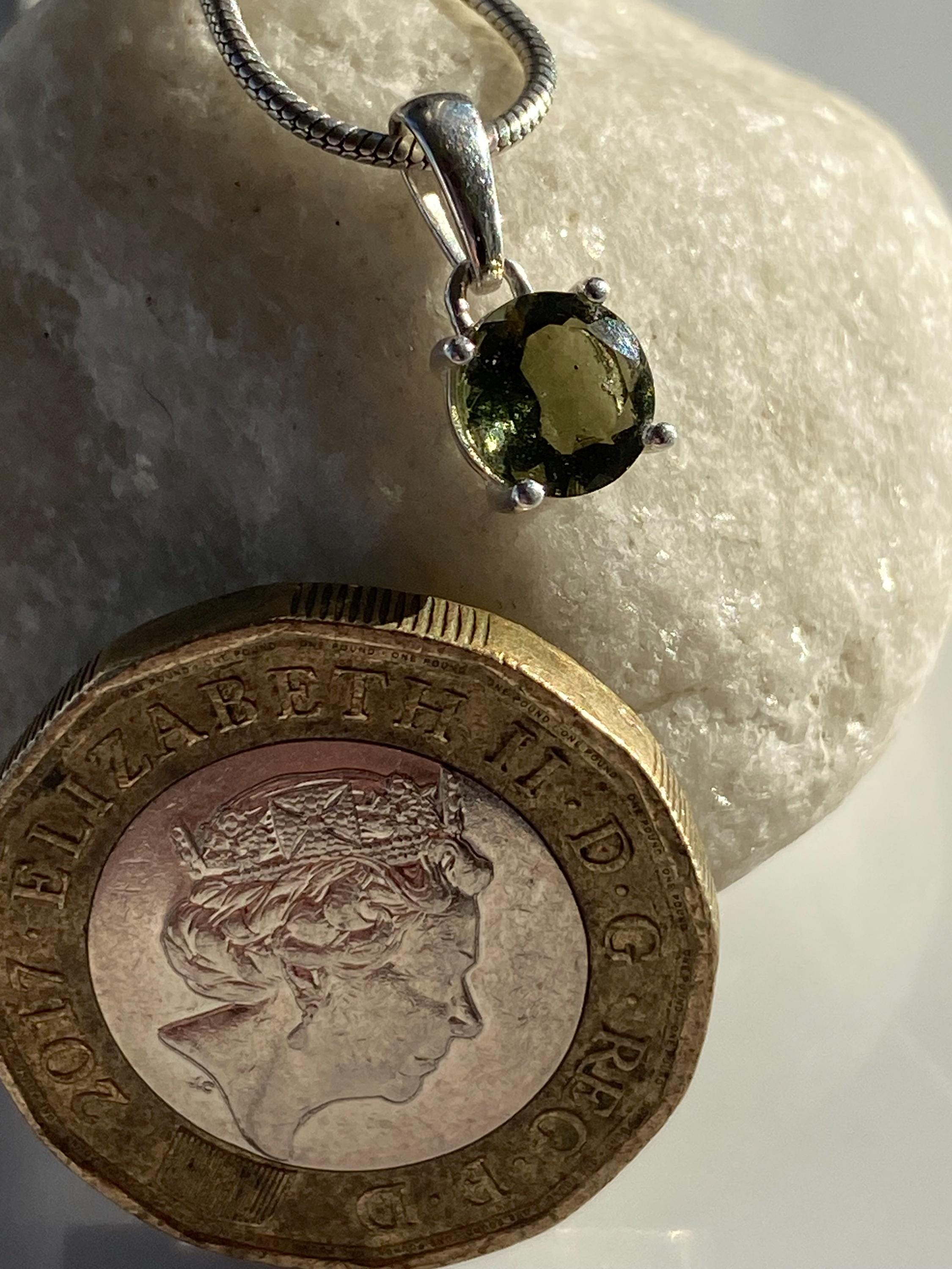 Certified Natural Moldavite 0.60ct Round • 925 Silver Pendant (4-Prong) • Copy of Lab Report Included