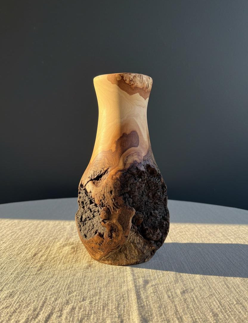 Burl, Wooden Vase Hand-Turned Solid Wood, Rustic Natural Decor
