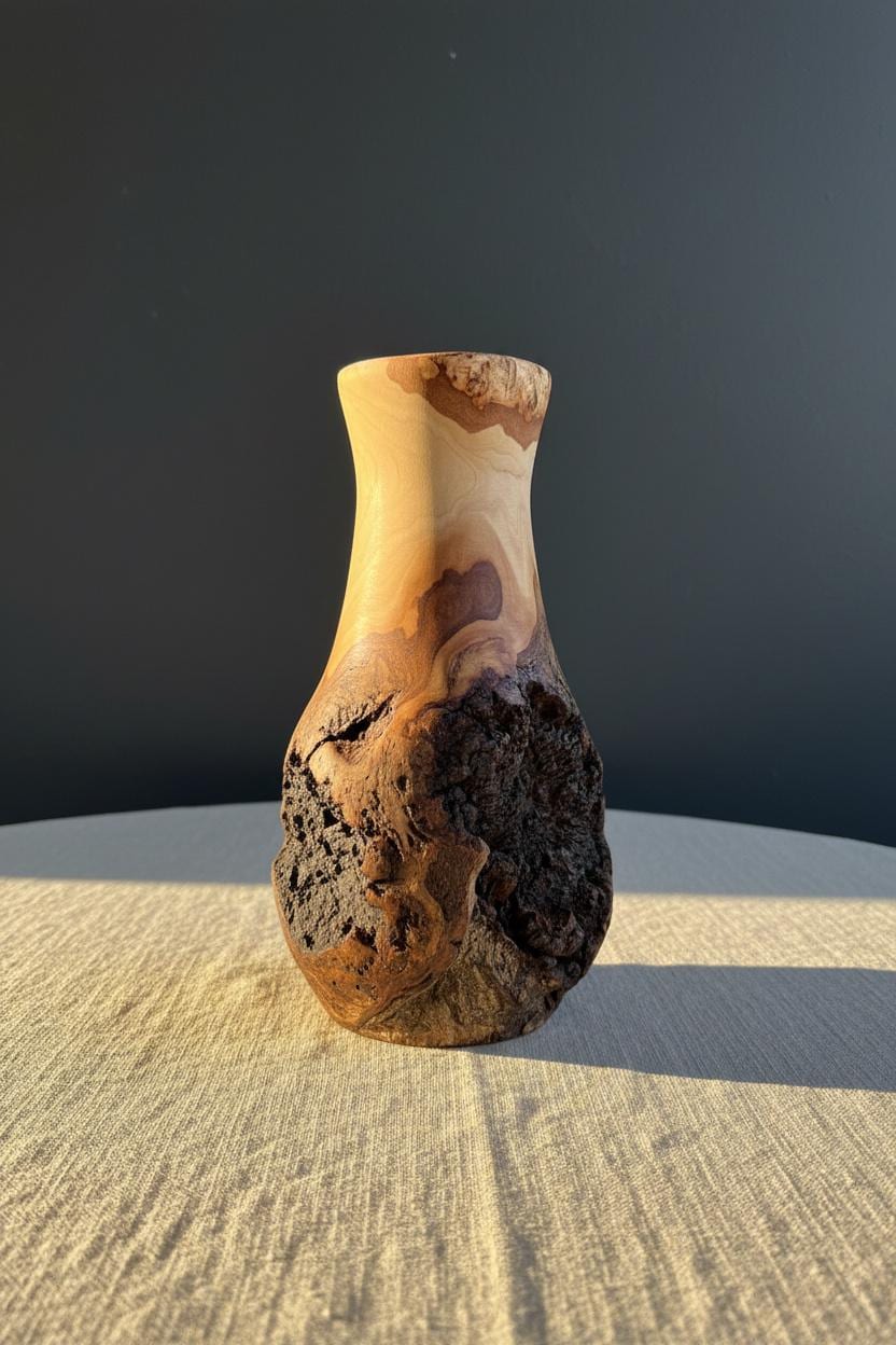 Handmade Elm Burr/Burl, Wooden Vase Hand-Turned Solid Wood, Rustic Natural Decor