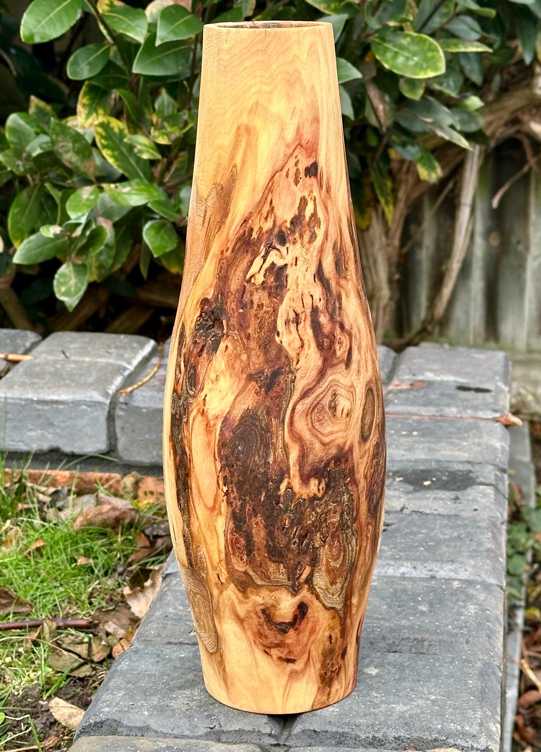 Tall Hand-Turned Burr Elm Wooden Vase – 5th Anniversary (Wood) Gift, Scandinavian Minimalist Decor.