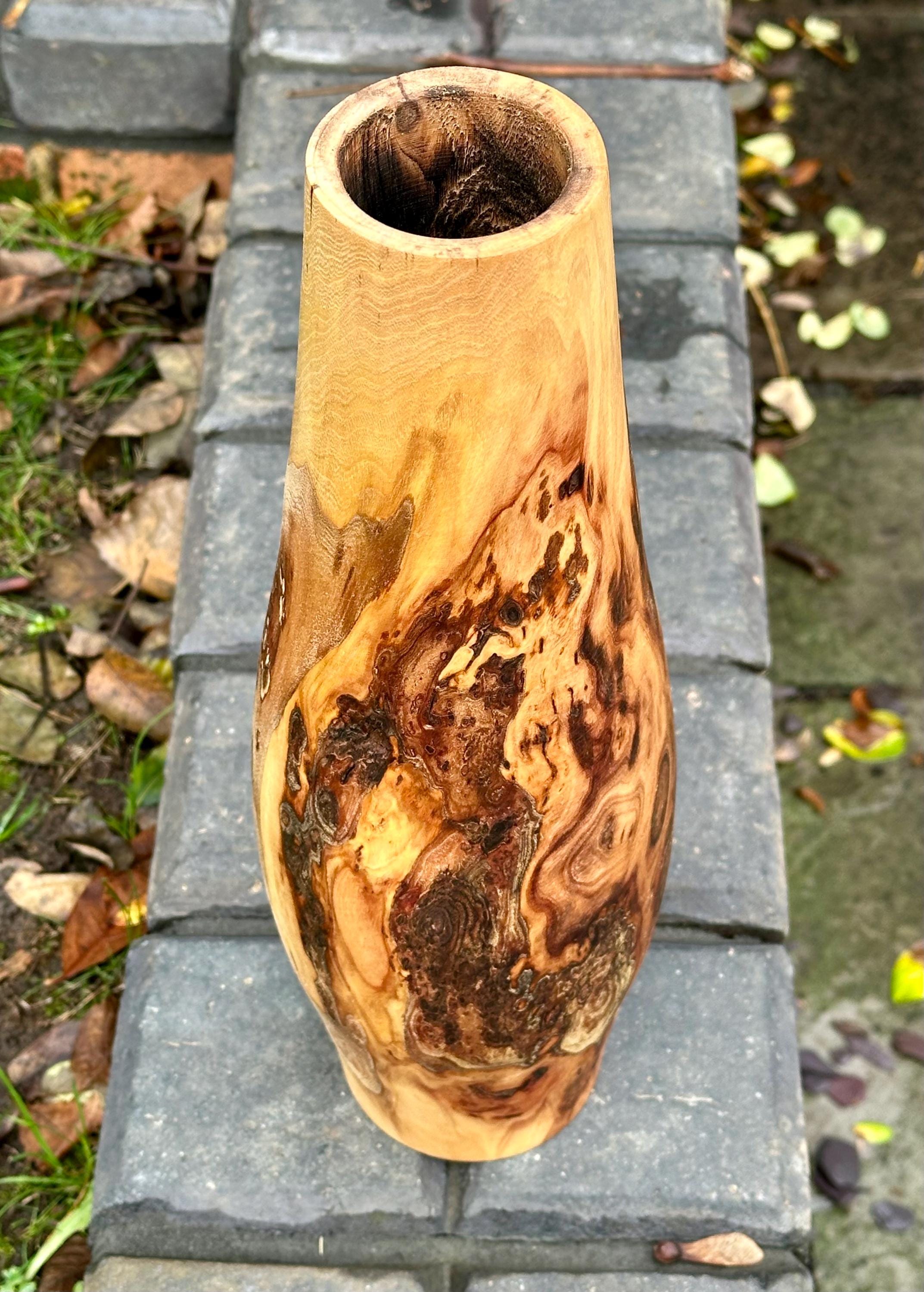 Tall Hand-Turned Burr Elm Wooden Vase – 5th Anniversary (Wood) Gift, Scandinavian Minimalist Decor.