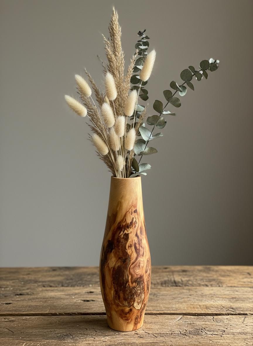 Tall Hand-Turned Burr Elm Wooden Vase – 5th Anniversary (Wood) Gift, Scandinavian Minimalist Decor.