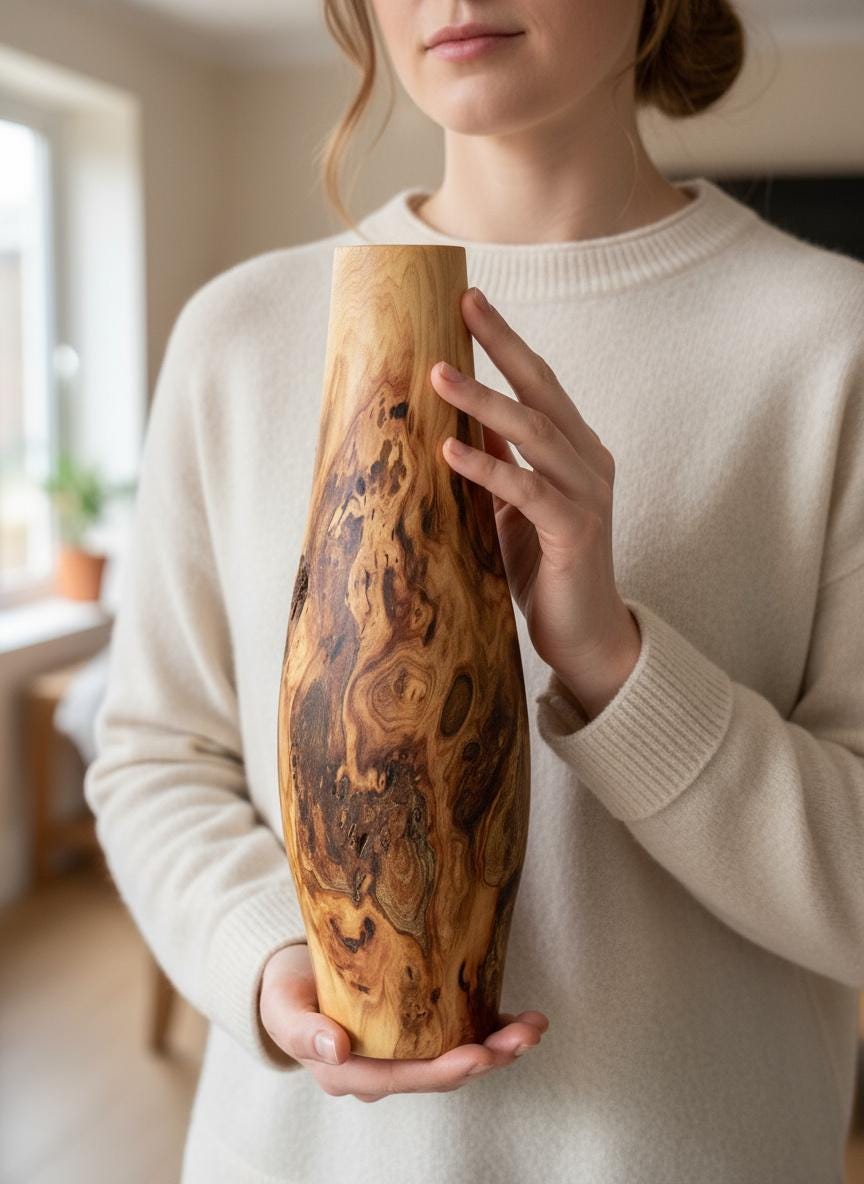 Tall Hand-Turned Burr Elm Wooden Vase – 5th Anniversary (Wood) Gift, Scandinavian Minimalist Decor.