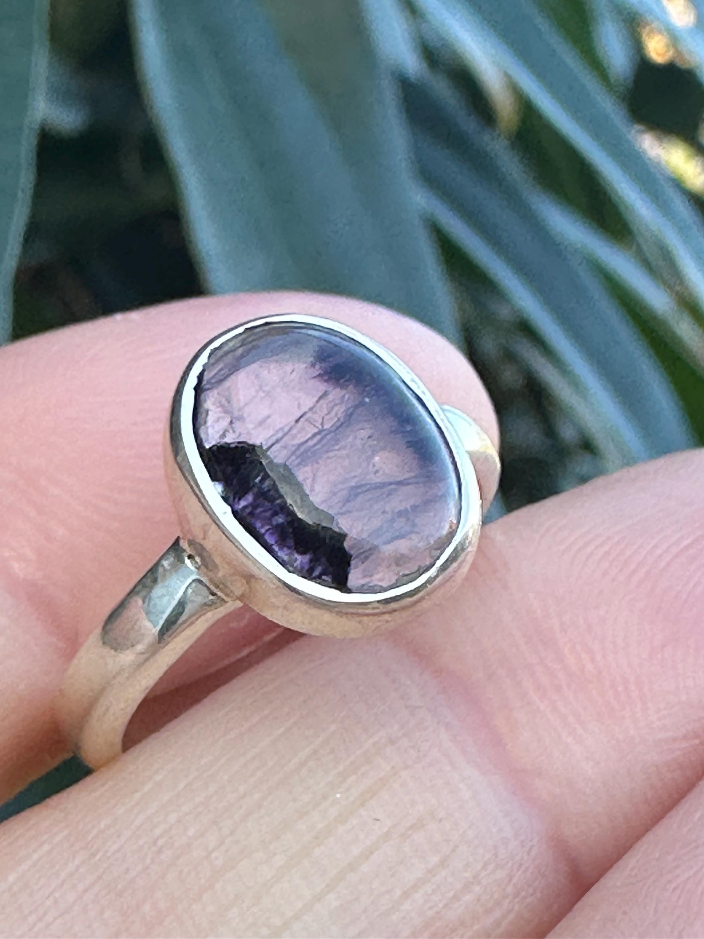 Rare Blue John Ring in Sterling Silver, Oval Derbyshire Spar Statement Gemstone Ring