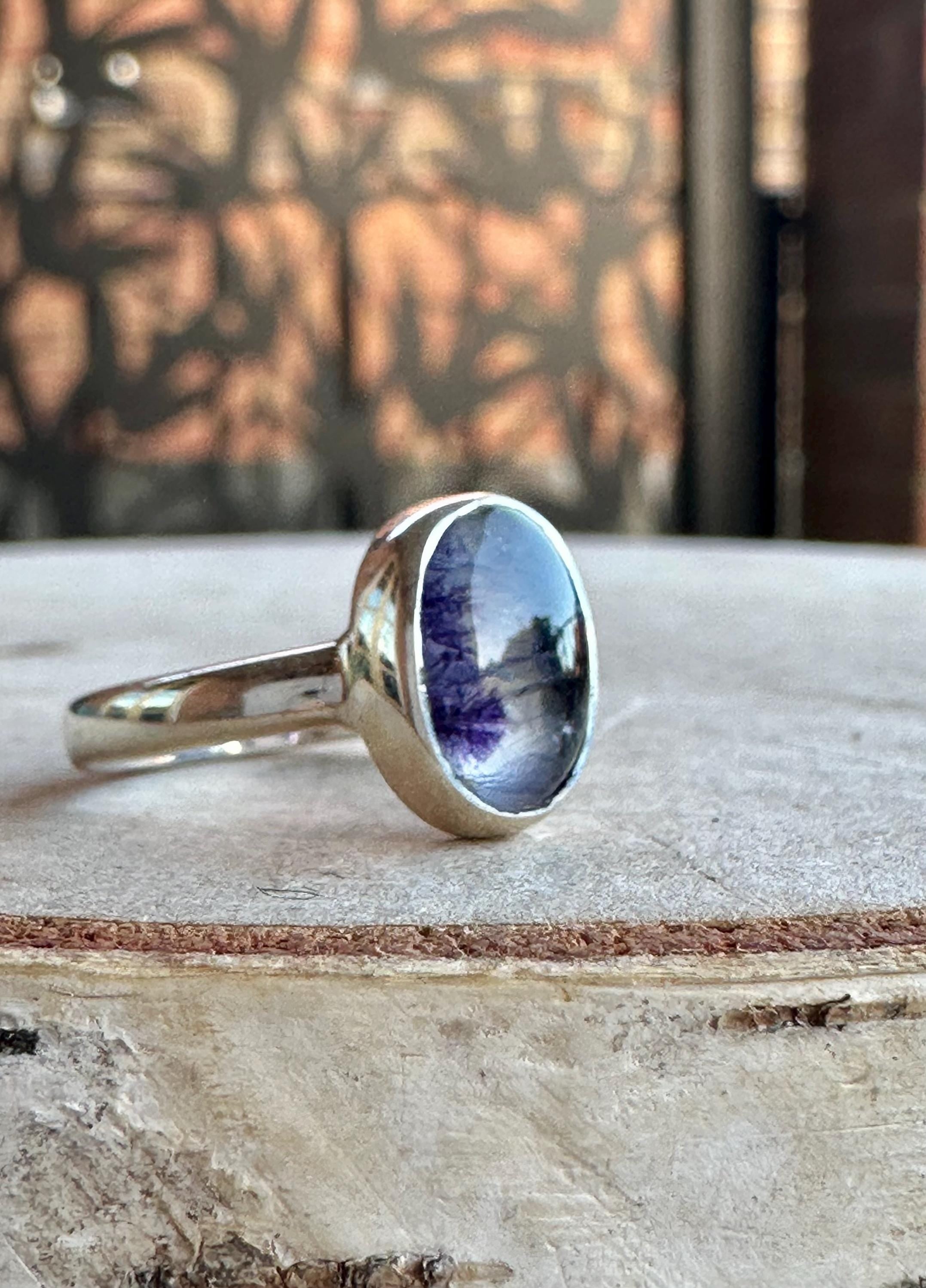 Rare Blue John Ring in Sterling Silver, Oval Derbyshire Spar Statement Gemstone Ring