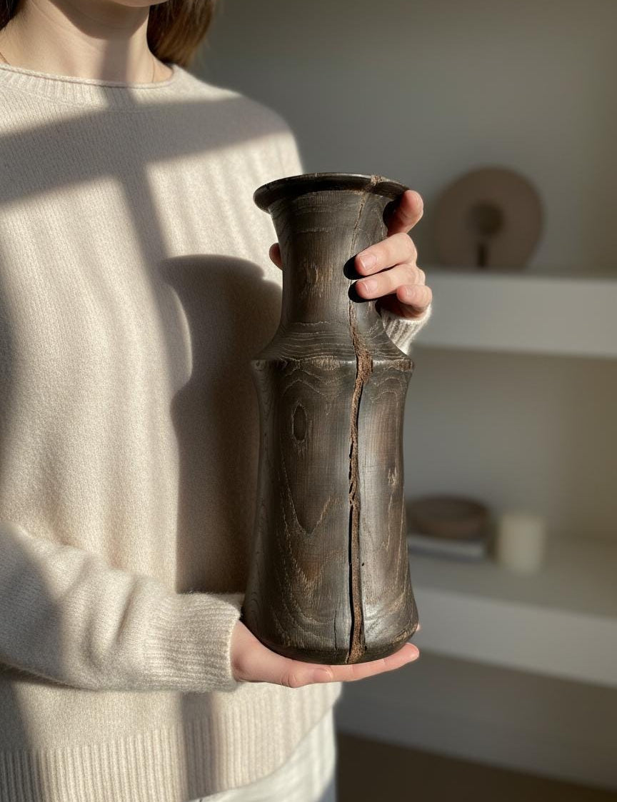 Hand-Carved Bog Oak Wooden Vase – Ancient Morta Oak Sculpture, 5th Anniversary Gift, UK Handmade