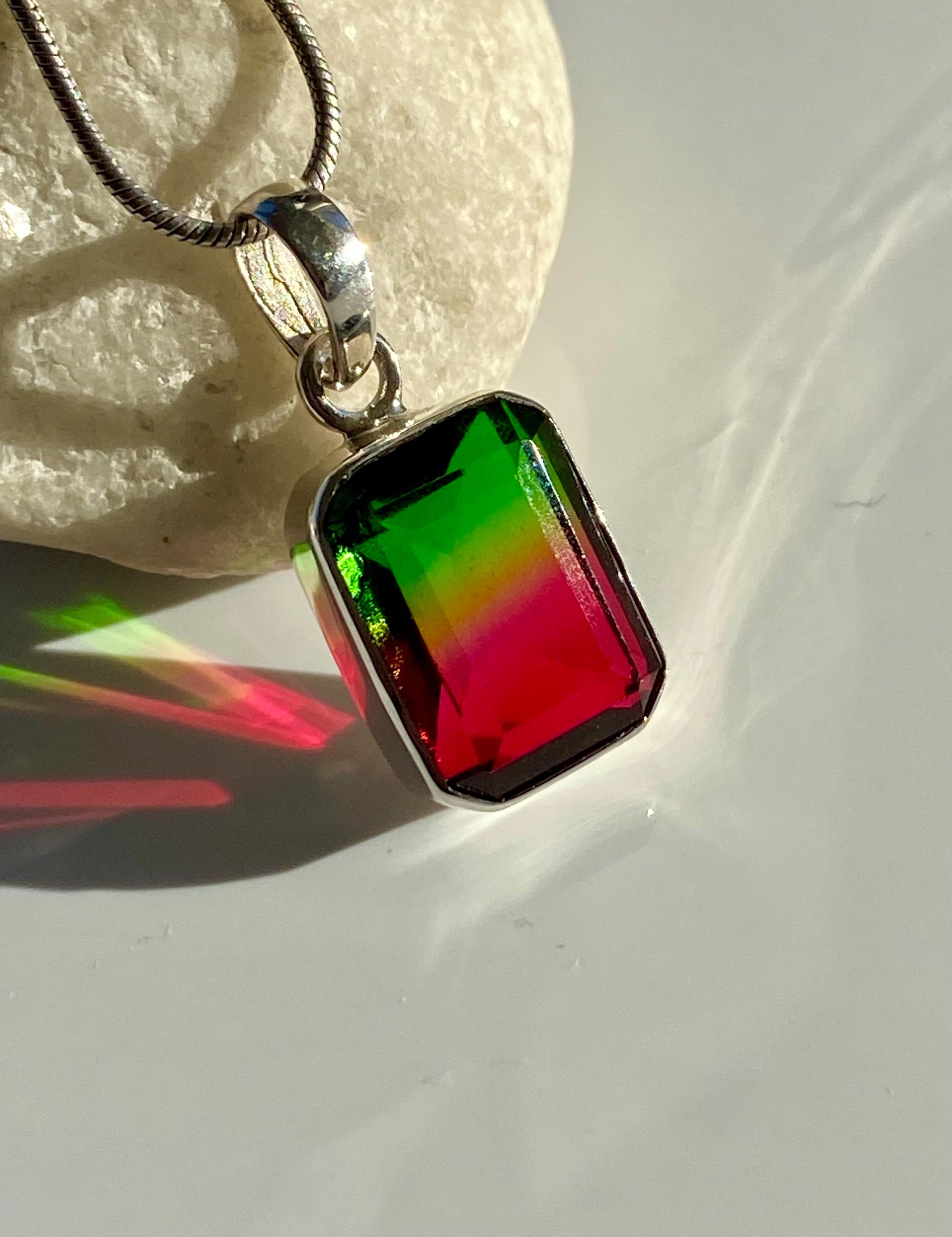 Watermelon Tourmaline Sterling Silver Baguette Pendant
