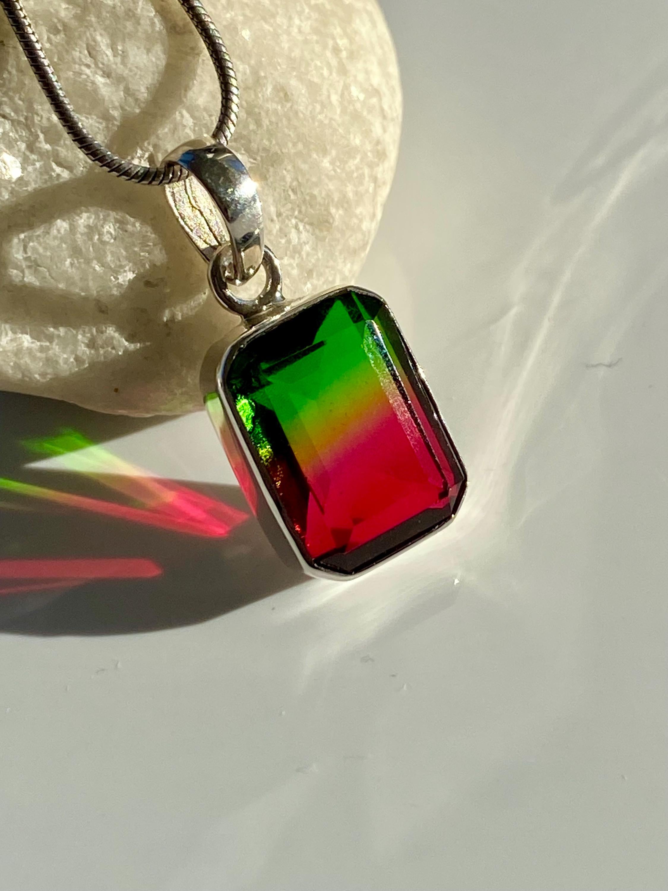 Watermelon Tourmaline Sterling Silver Baguette Pendant