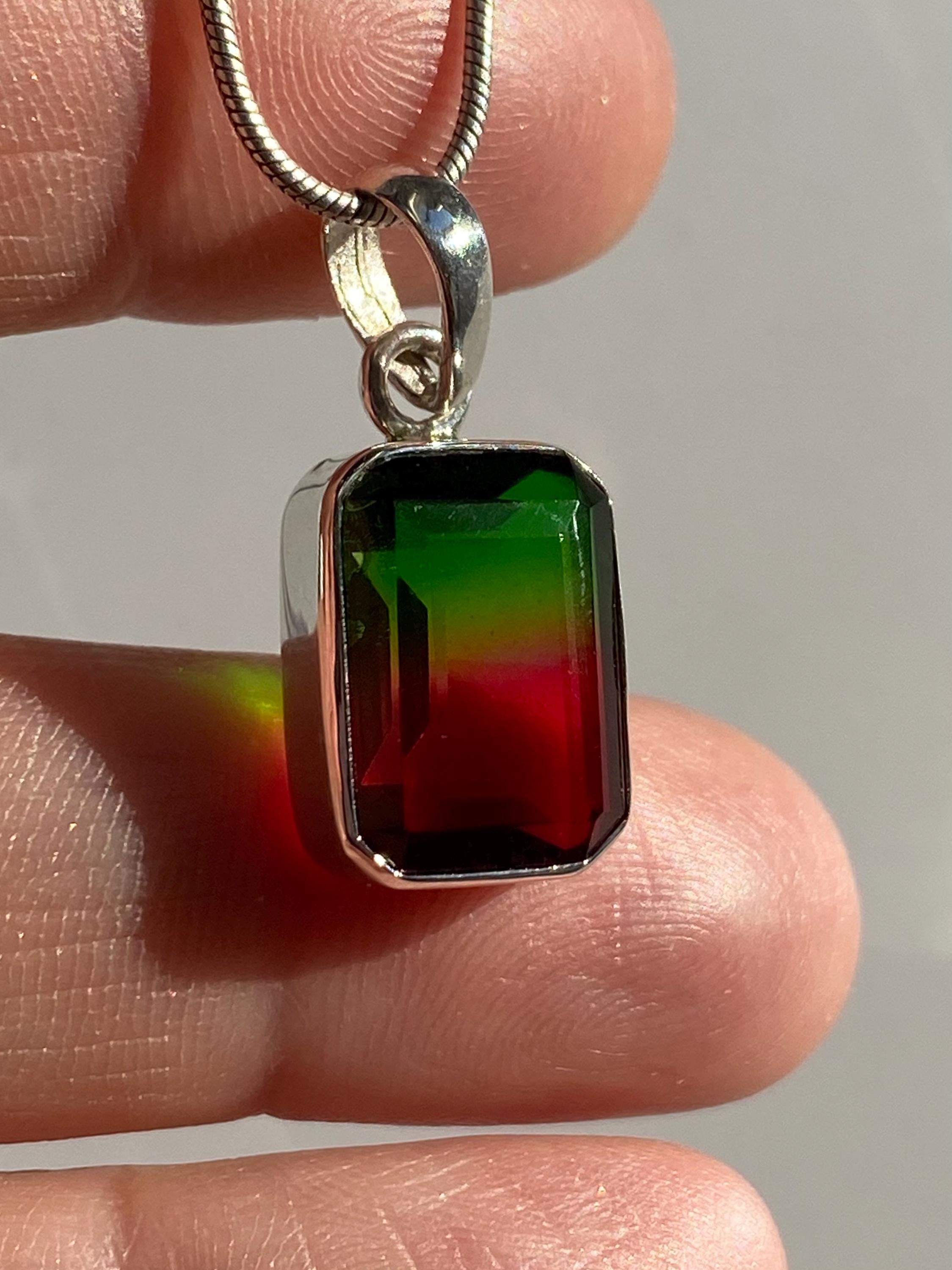 Watermelon Tourmaline Sterling Silver Baguette Pendant