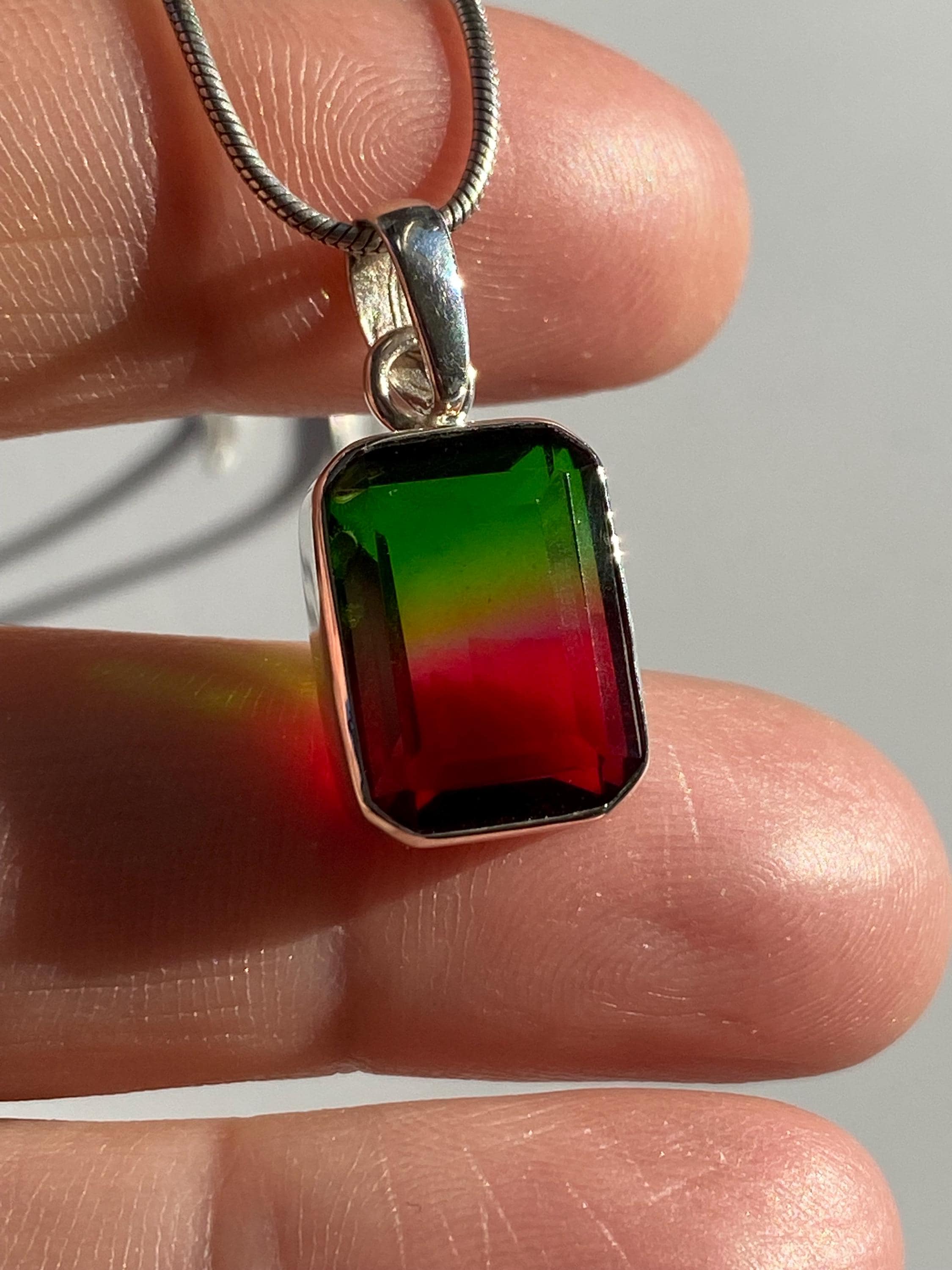 Watermelon Tourmaline Sterling Silver Baguette Pendant