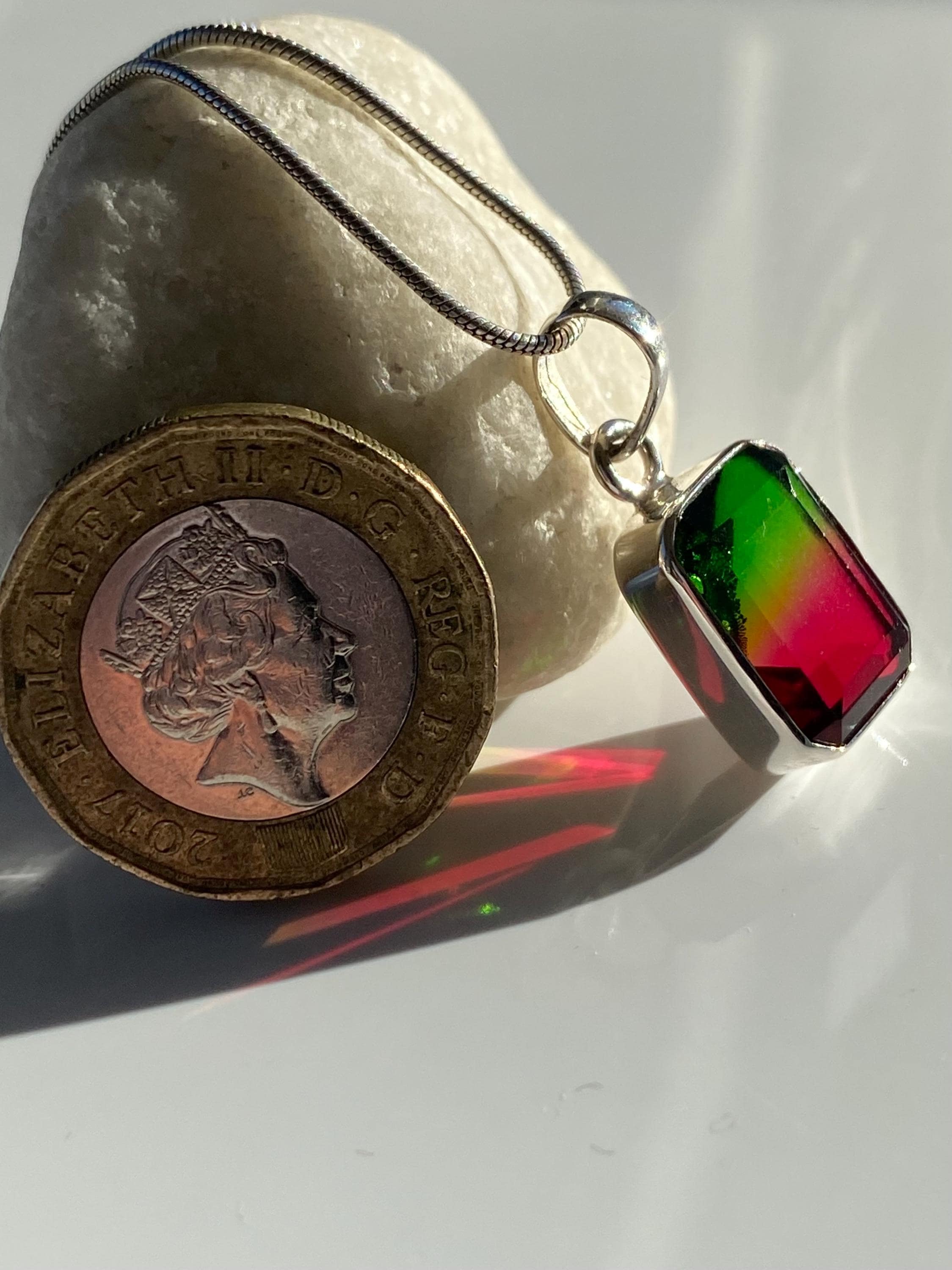 Watermelon Tourmaline Sterling Silver Baguette Pendant