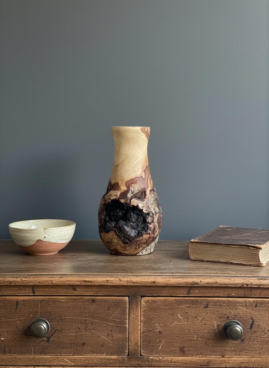 Handmade Elm Burr/Burl, Wooden Vase Hand-Turned Solid Wood, Rustic Natural Decor