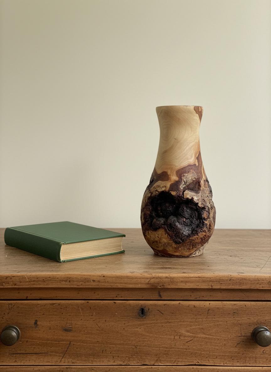 Handmade Elm Burr/Burl, Wooden Vase Hand-Turned Solid Wood, Rustic Natural Decor