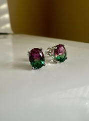 Watermelon Tourmaline Stud Earrings • 9×7mm Oval • Pink-Green Gemstone Studs