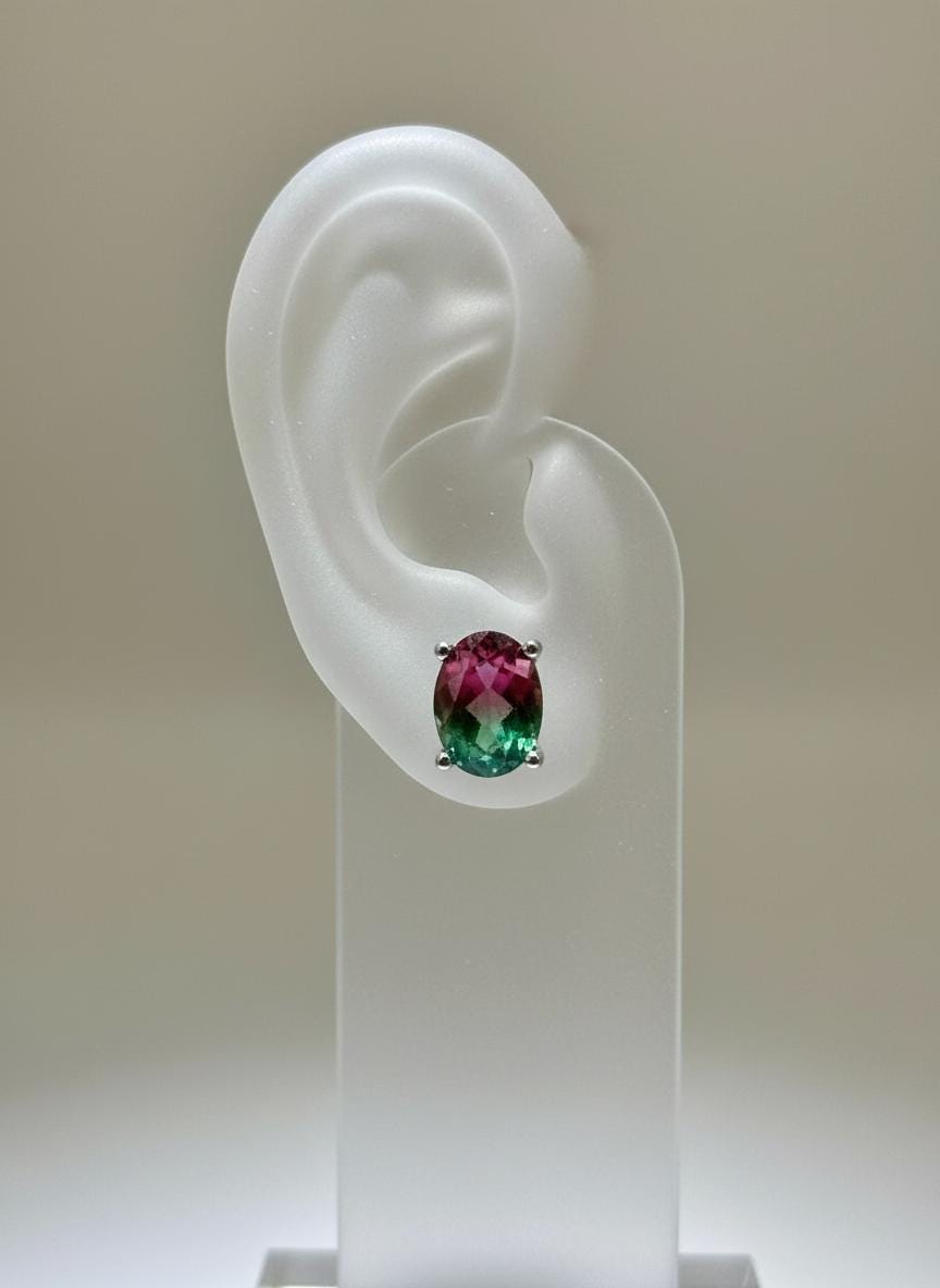 Watermelon Tourmaline Stud Earrings • 9×7mm Oval • Pink-Green Gemstone Studs