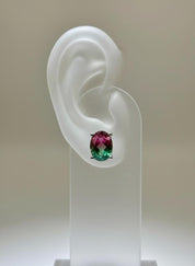 Watermelon Tourmaline Stud Earrings • 9×7mm Oval • Pink-Green Gemstone Studs