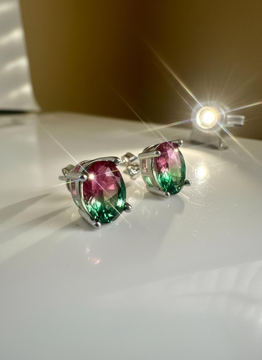 Watermelon Tourmaline Stud Earrings • 9×7mm Oval • Pink-Green Gemstone Studs