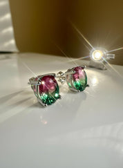 Watermelon Tourmaline Stud Earrings • 9×7mm Oval • Pink-Green Gemstone Studs