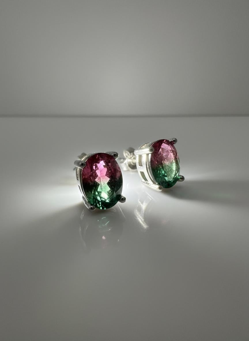 Watermelon Tourmaline Stud Earrings • 9×7mm Oval • Pink-Green Gemstone Studs