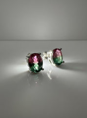 Watermelon Tourmaline Stud Earrings • 9×7mm Oval • Pink-Green Gemstone Studs