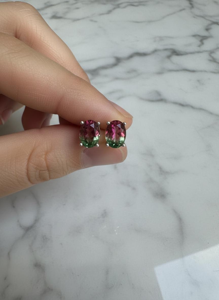 Watermelon Tourmaline Stud Earrings • 9×7mm Oval • Pink-Green Gemstone Studs