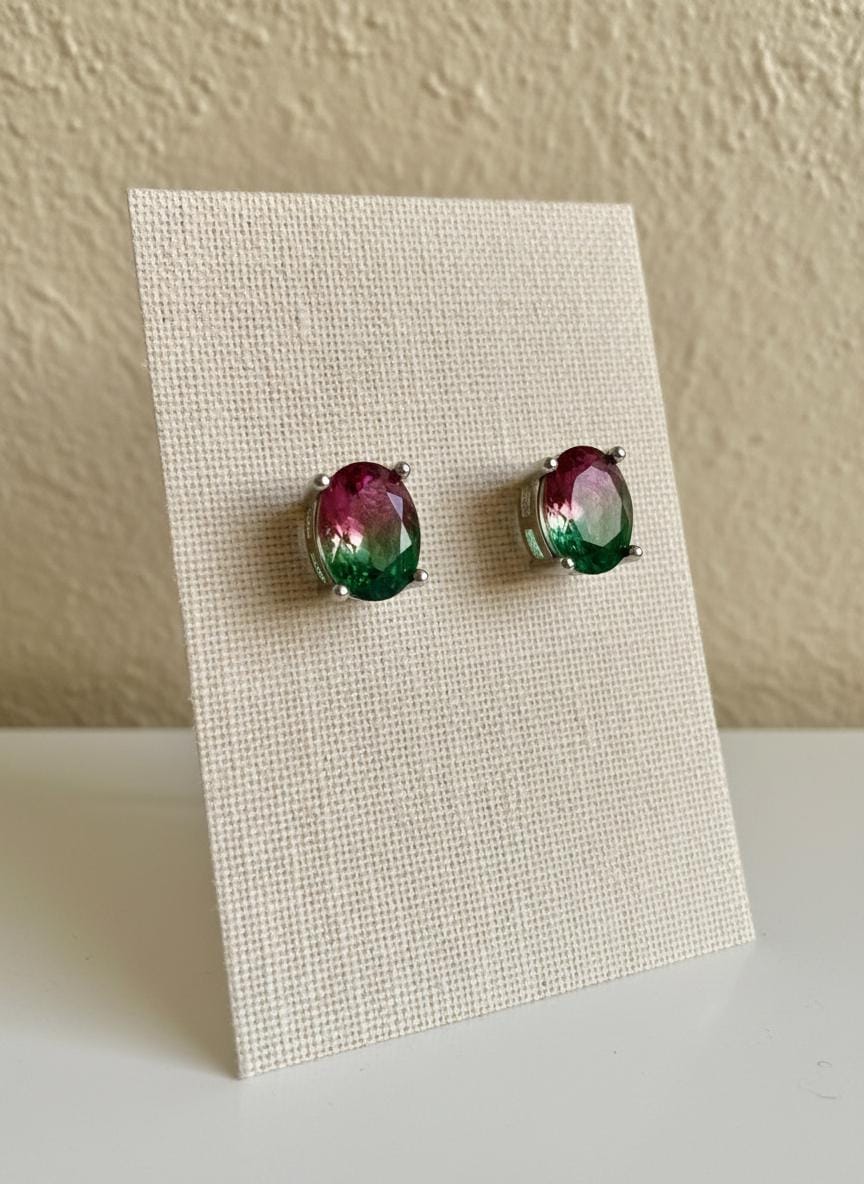 Watermelon Tourmaline Stud Earrings • 9×7mm Oval • Pink-Green Gemstone Studs