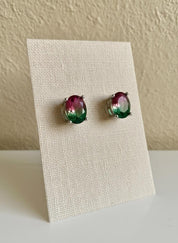 Watermelon Tourmaline Stud Earrings • 9×7mm Oval • Pink-Green Gemstone Studs