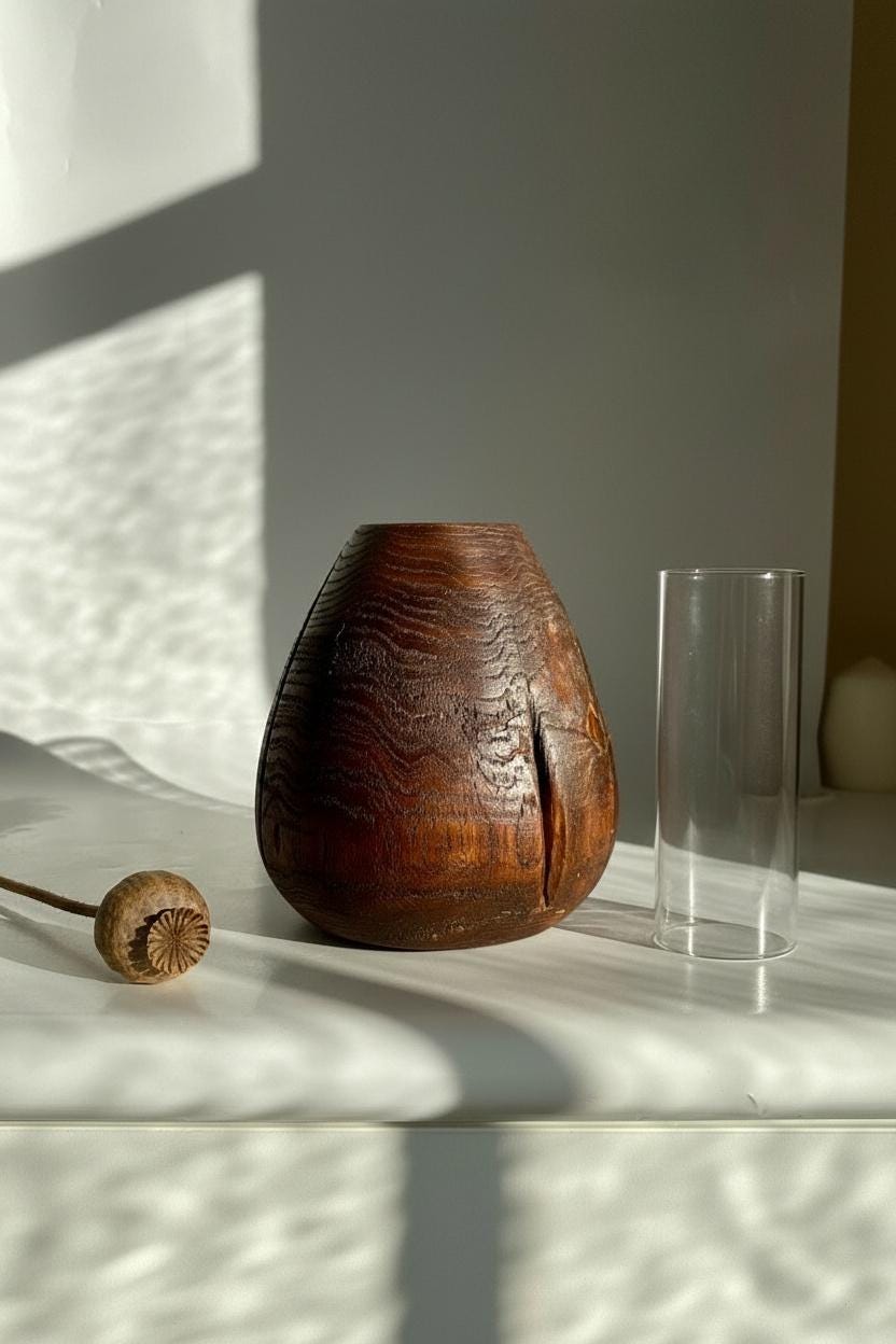 Hand Turned Oak Wood Vase – Wabi-Sabi Sculpture