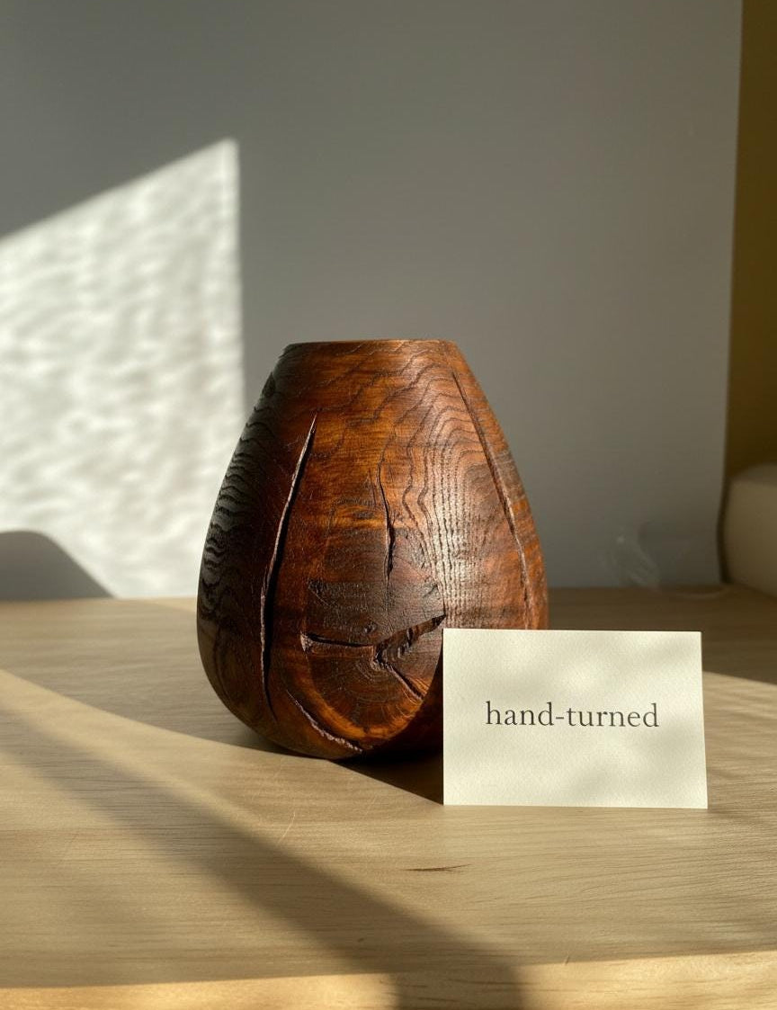 Hand Turned Oak Wood Vase – Wabi-Sabi Sculpture