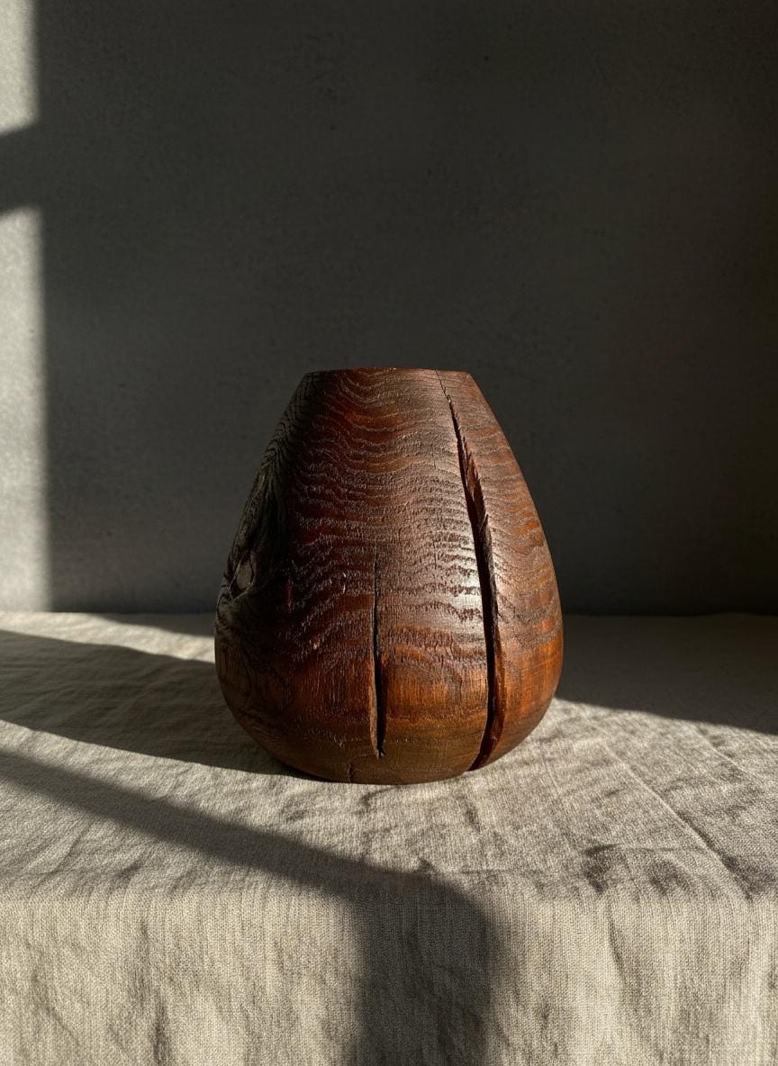 Hand Turned Oak Wood Vase – Wabi-Sabi Sculpture