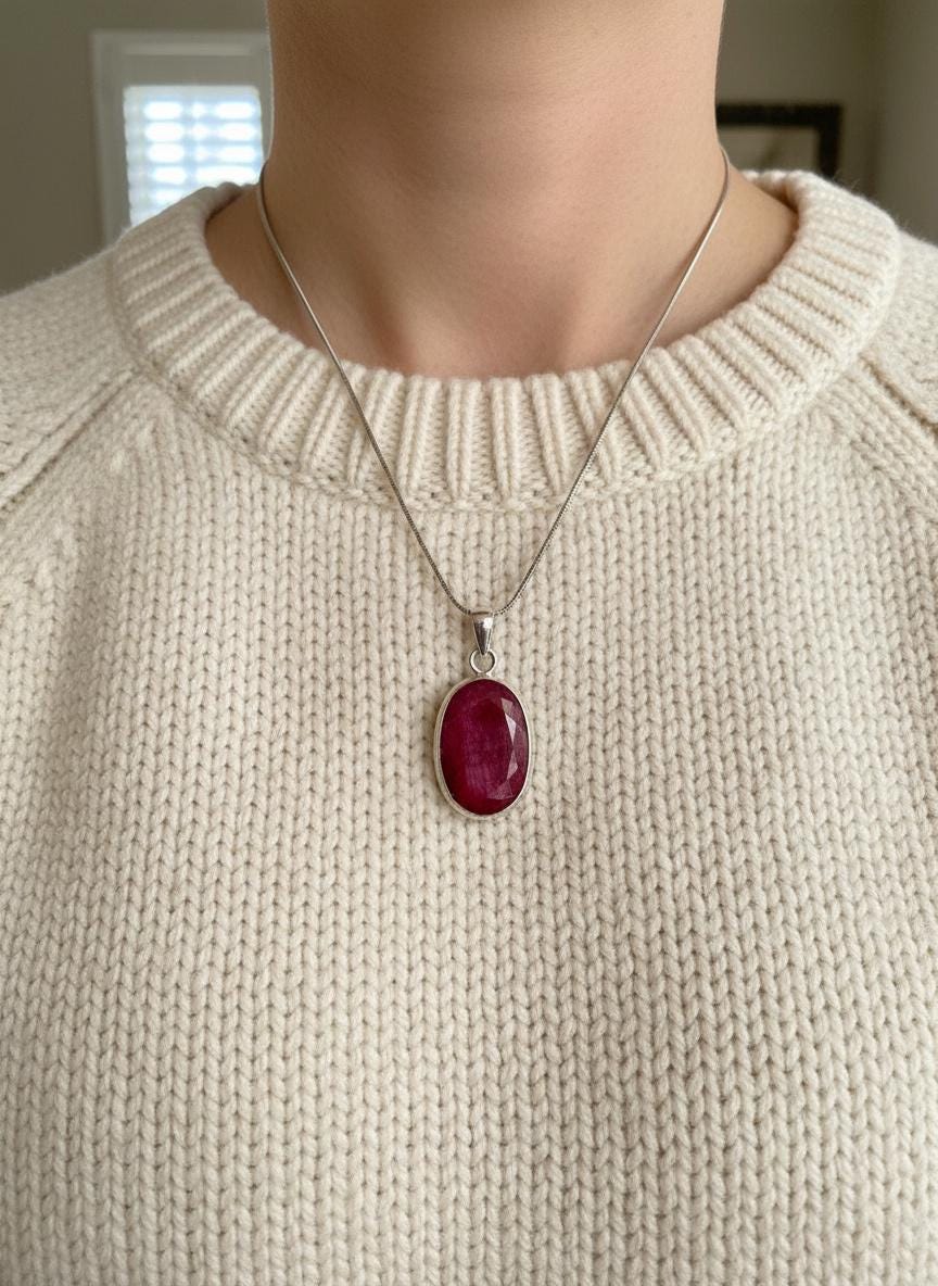 Raw Ruby 925 Sterling Silver Oval Pendant