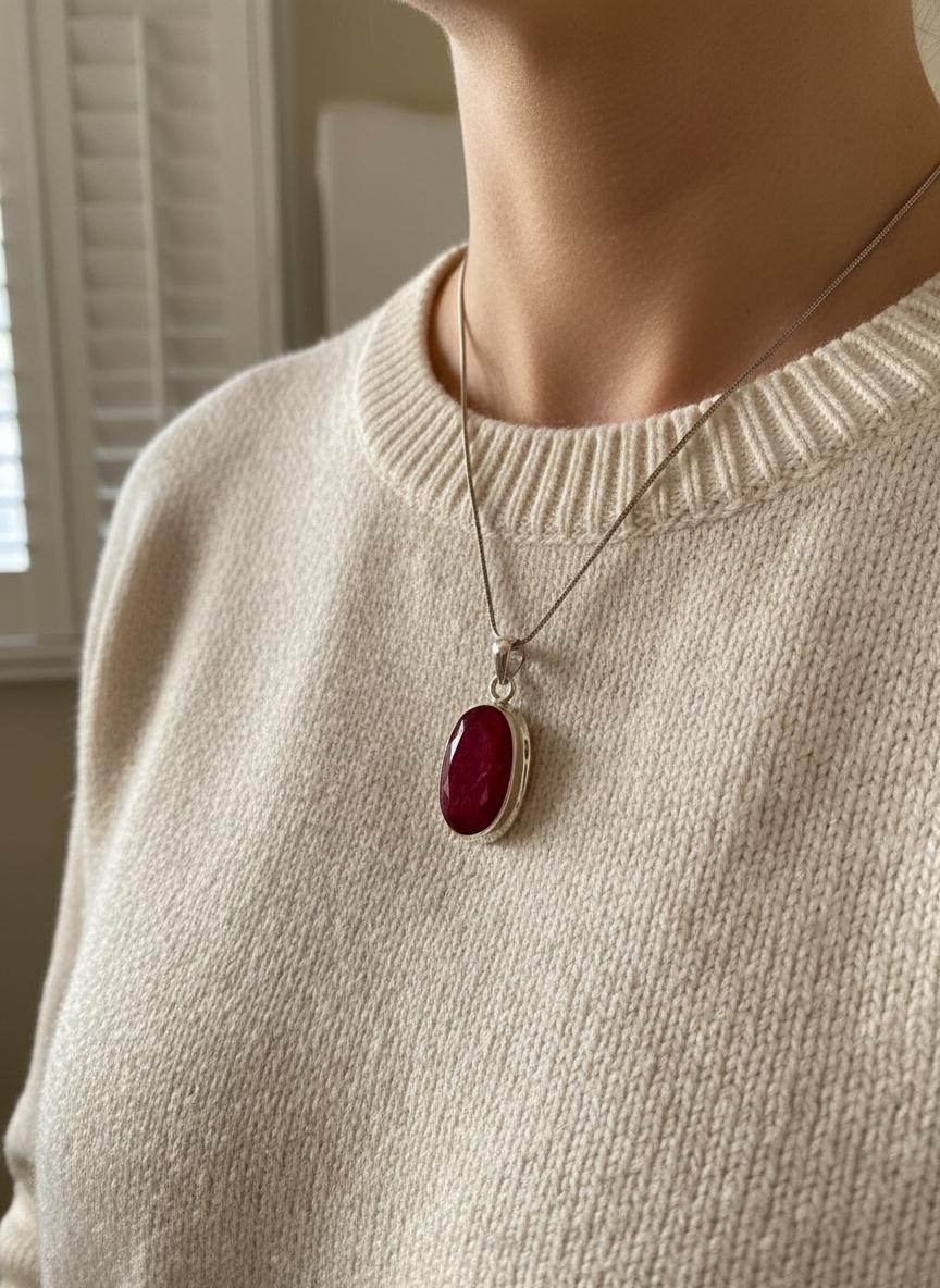 Raw Ruby 925 Sterling Silver Oval Pendant