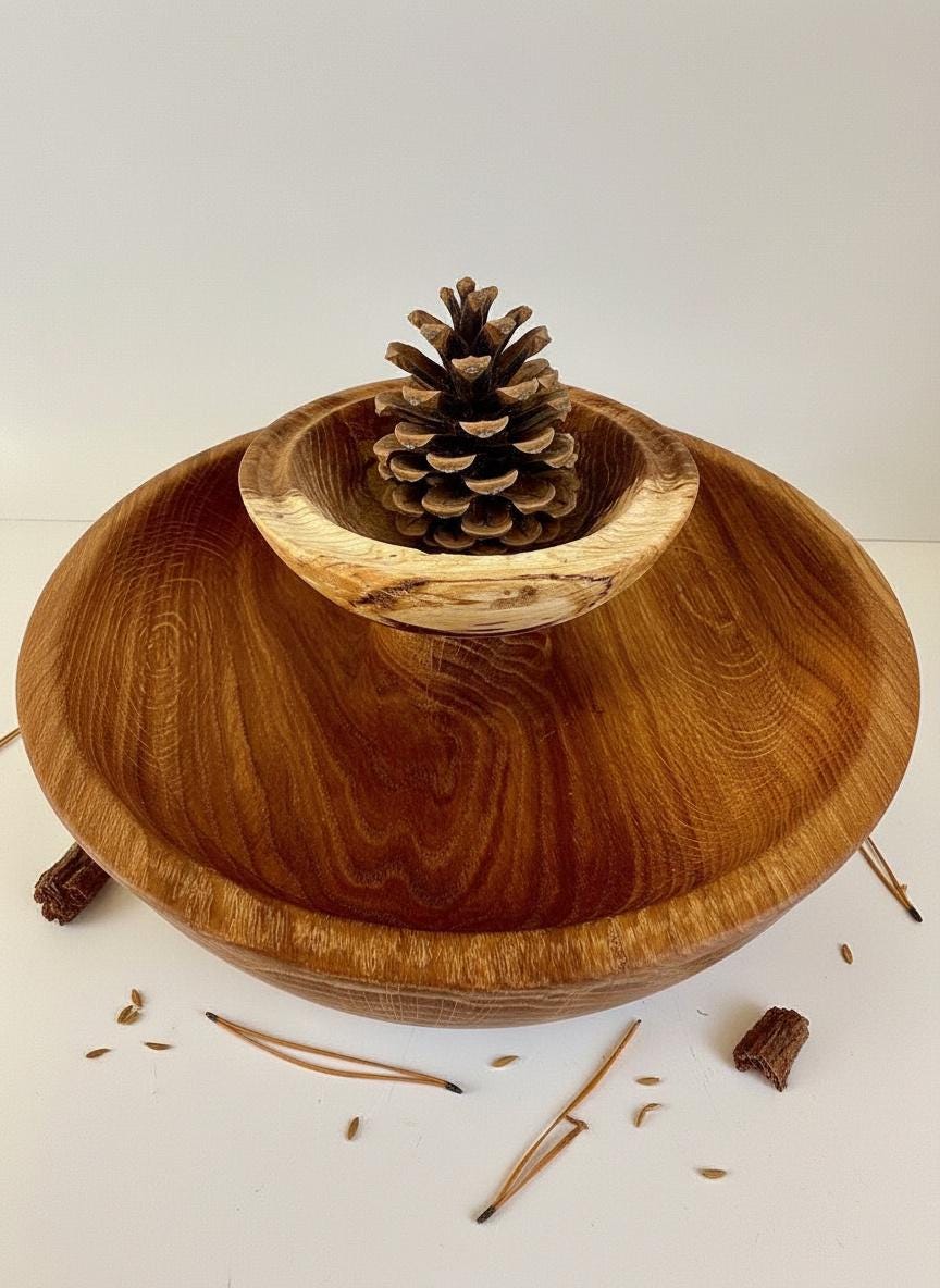 Large Solid Oak Pedestal Bowl Handmade Wooden Decorative Centrepiece