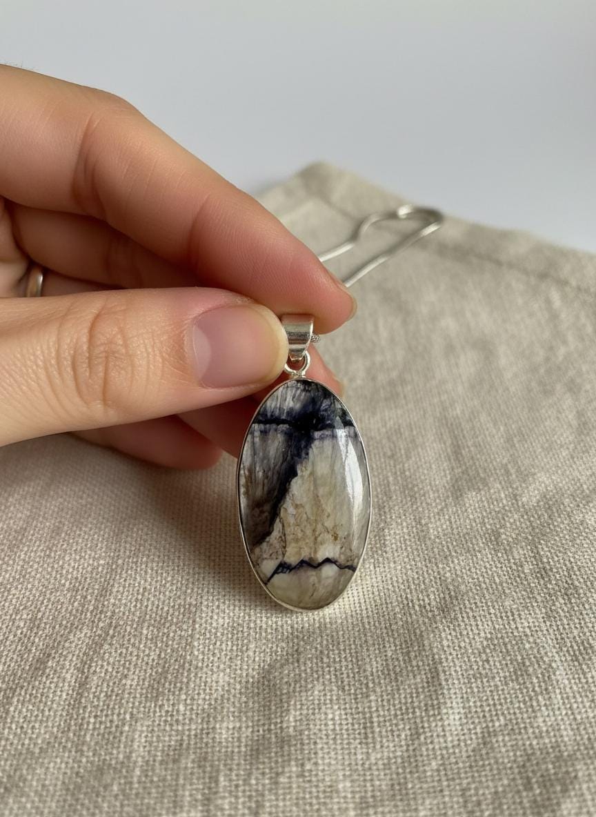 Blue John Oval Pendant 34×19 mm 925 Silver, Derbyshire Spar Cabochon, Handmade UK