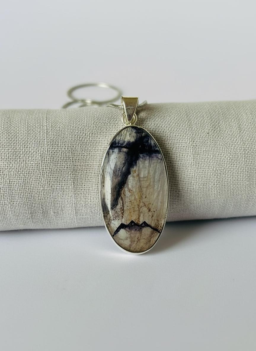 Blue John Oval Pendant 34×19 mm 925 Silver, Derbyshire Spar Cabochon, Handmade UK
