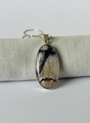Blue John Oval Pendant 34×19 mm 925 Silver, Derbyshire Spar Cabochon, Handmade UK