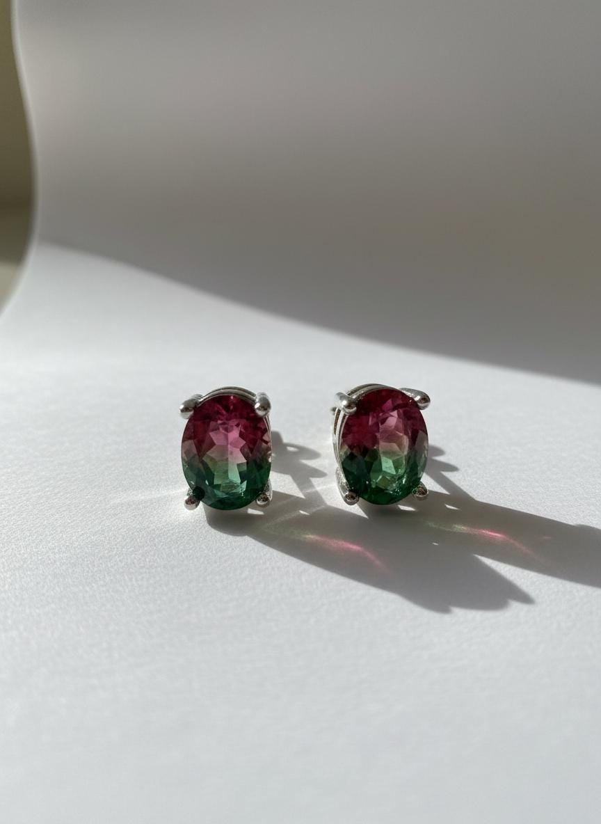 Watermelon Tourmaline Stud Earrings • 9×7mm Oval • Pink-Green Gemstone Studs